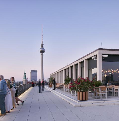 View from the roof of the Humboldt Forum with a view of the Berlin television tower